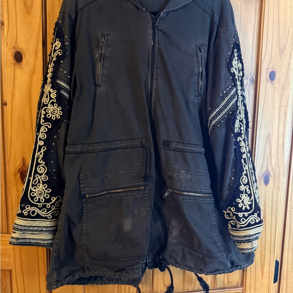 FP Movement by Free People Dark Utility Jacket with Cream Embroidery